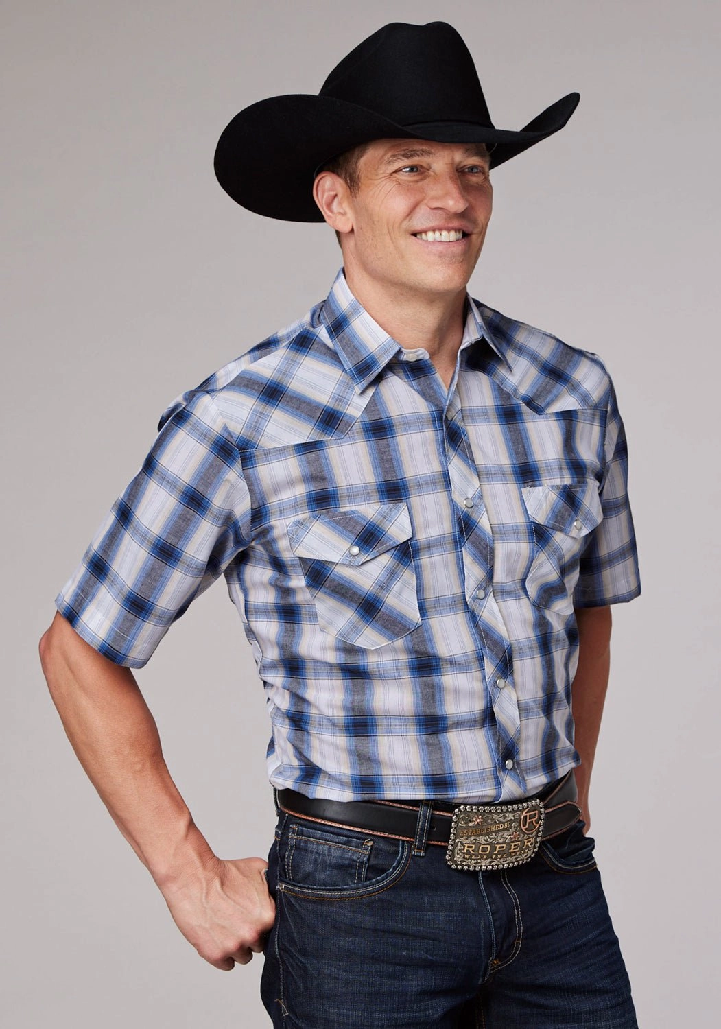 Smooth Cotton Blend Roper Mens 2060 Plaid Navy/Cream Cotton Blend S/S Shirt