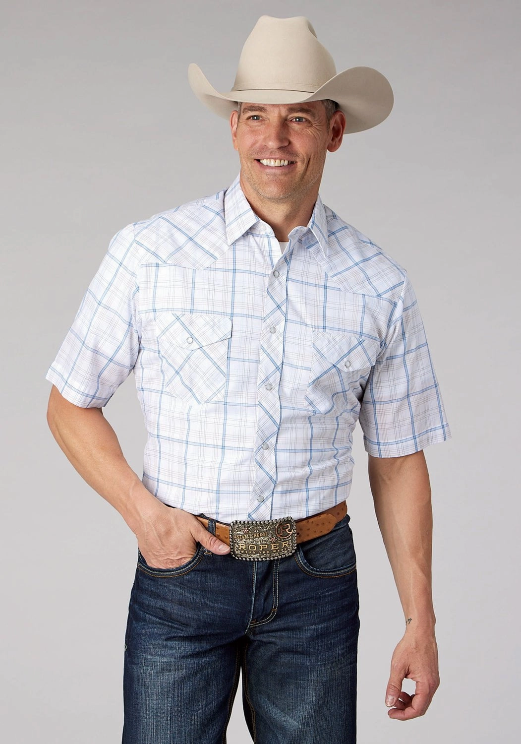 Roper Mens 2061 Windowpane Plaid White/Blue Cotton Blend S/S Shirt Eco Friendly Material