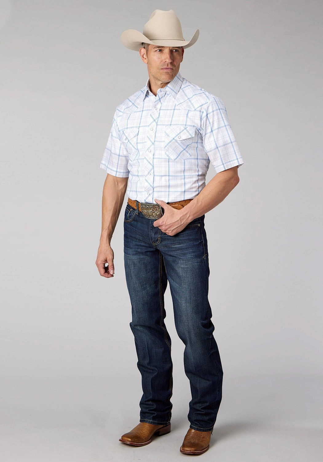 High-Quality Material Eco Friendly Material Roper Mens 2061 Windowpane Plaid White/Blue Cotton Blend S/S Shirt