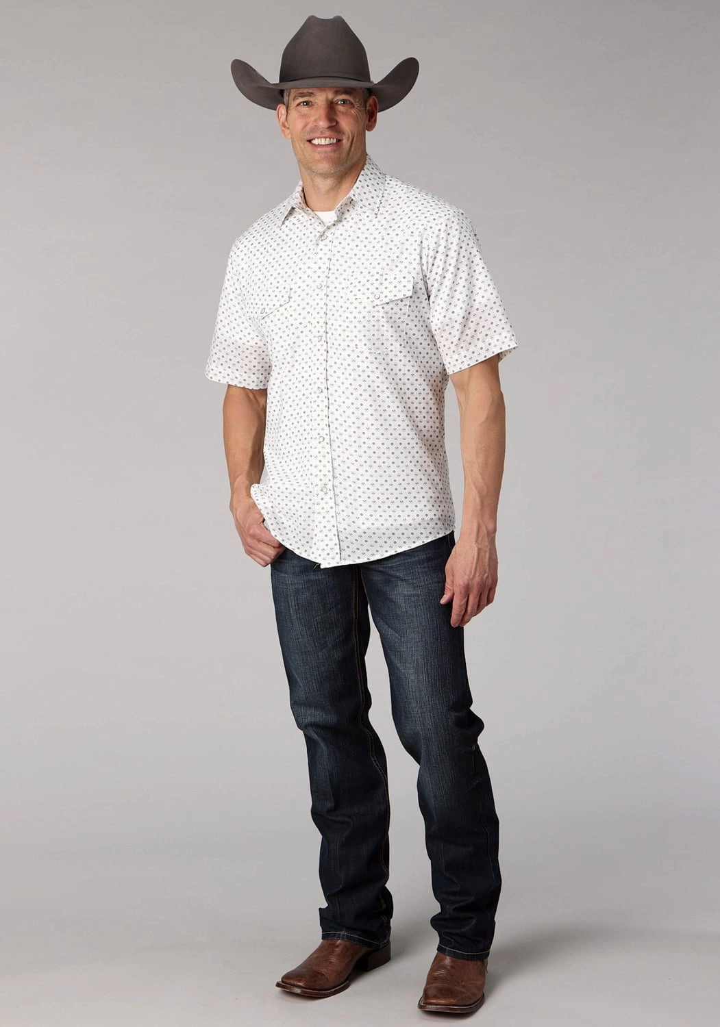 Casual Look Chill Wear Roper Mens 2065 Mini Floral White Cotton Blend S/S Shirt