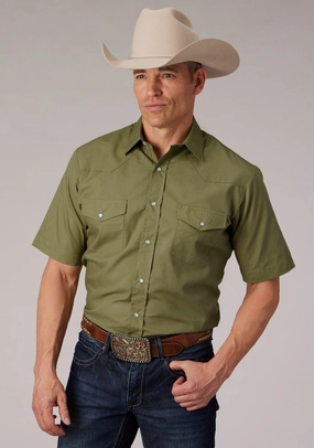 Roper Mens 2070 Broadcloth Elm Cotton Blend S/S Shirt Simple Comfort