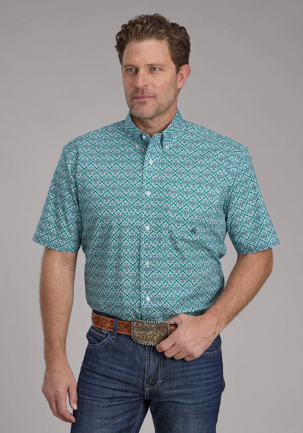 Chic Look Roper Mens 2380 Jade Medallion Green 100% Cotton 1 Pkt S/S Shirt