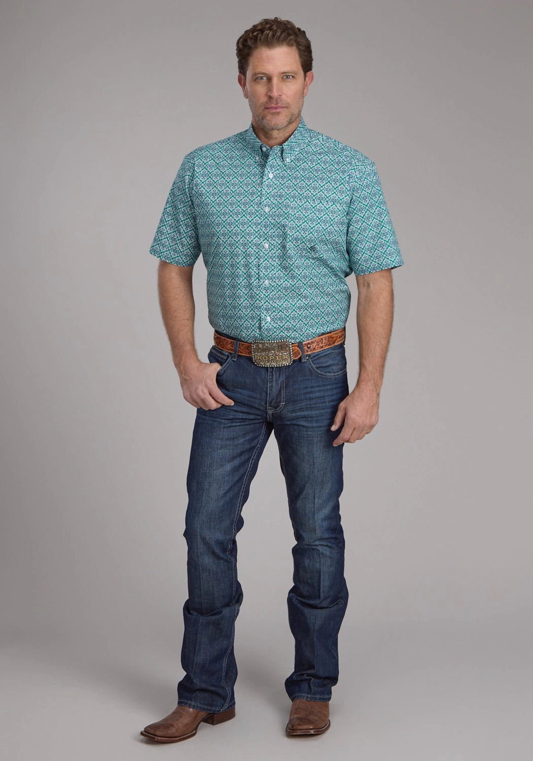 Professional Look Roper Mens 2380 Jade Medallion Green 100% Cotton 1 Pkt S/S Shirt