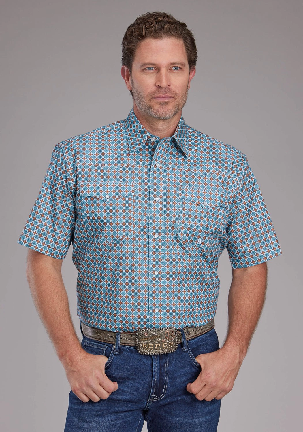 Quick-Dry Graduation Attire Roper Mens 2381 Tile Foulard Turquoise 100% Cotton S/S Shirt