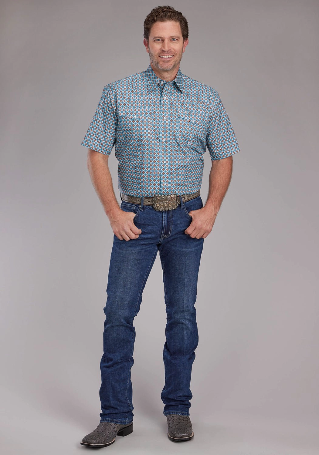 Roper Mens 2381 Tile Foulard Turquoise 100% Cotton S/S Shirt Versatile Design Flexible Mobility