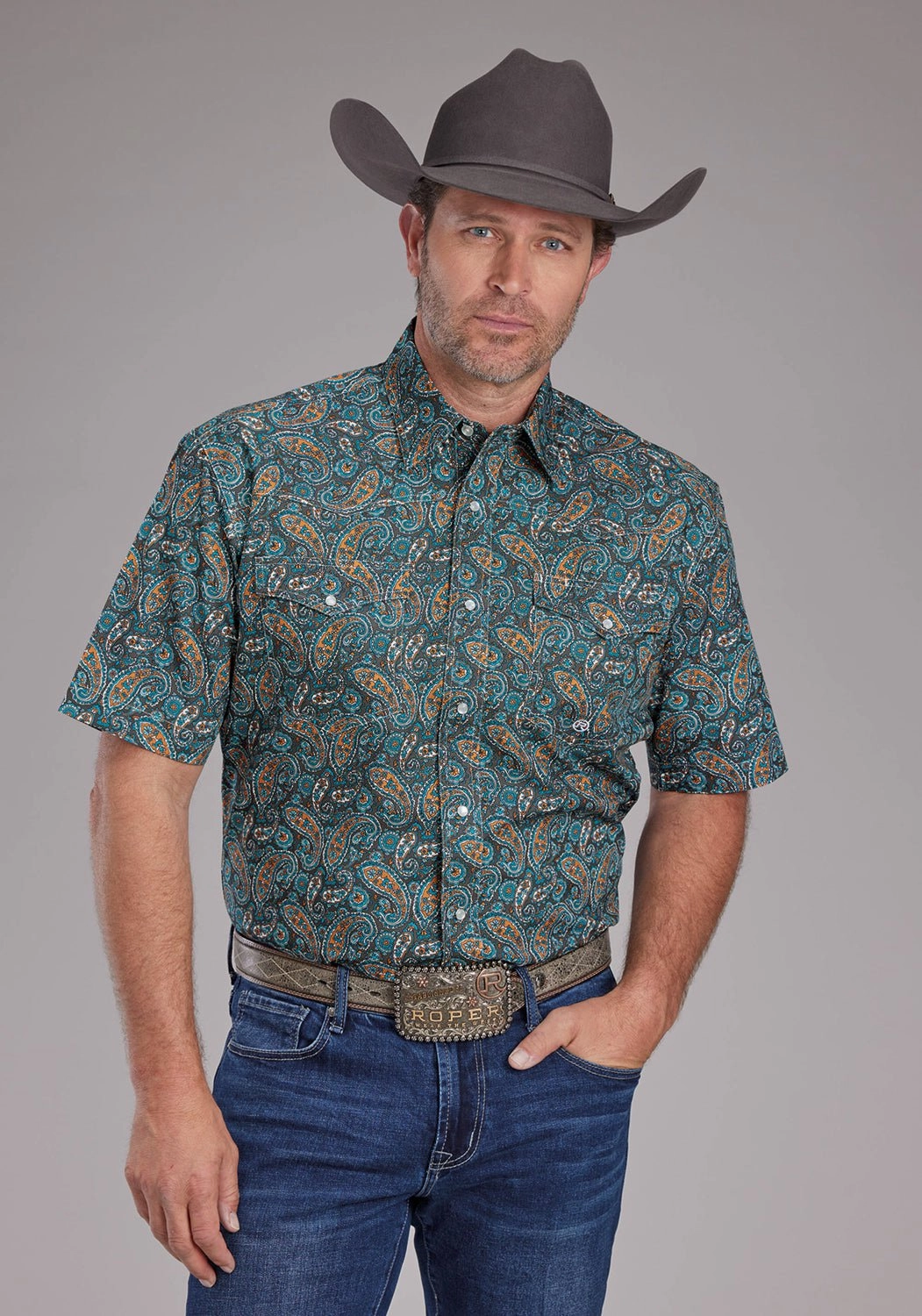 Roper Mens 2382 Dusk Paisley Blue 100% Cotton S/S Shirt Bold colors