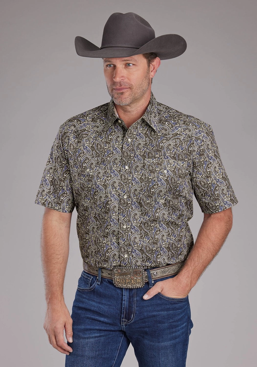 Breathable Underarm Vents Distressed finish Roper Mens 2383 Paisley Stone 100% Cotton S/S Shirt