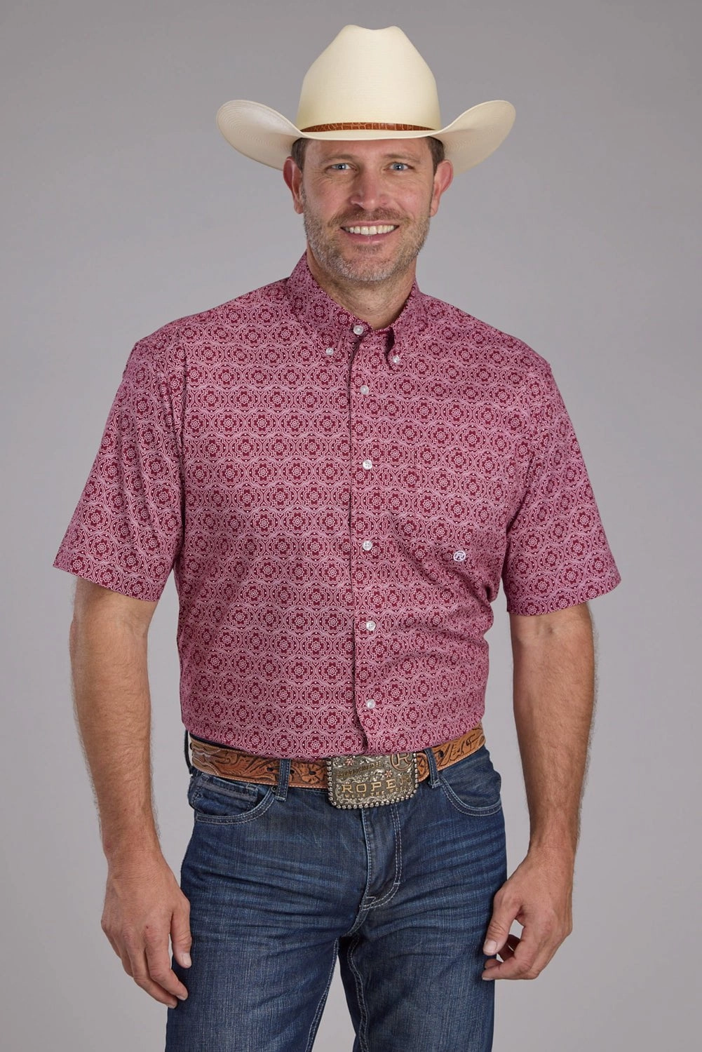 Roper Mens 2386 Medallion Paisley Red Cotton Blend 1 Pkt S/S Shirt No Bulk Layering System