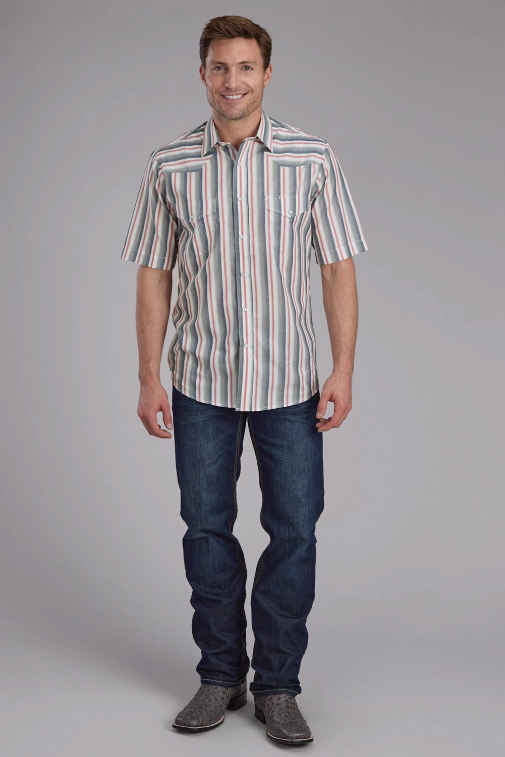 Roper Mens 2403 Ombre Stripe Navy/White Cotton Blend S/S Shirt Timeless Fit Work From Home