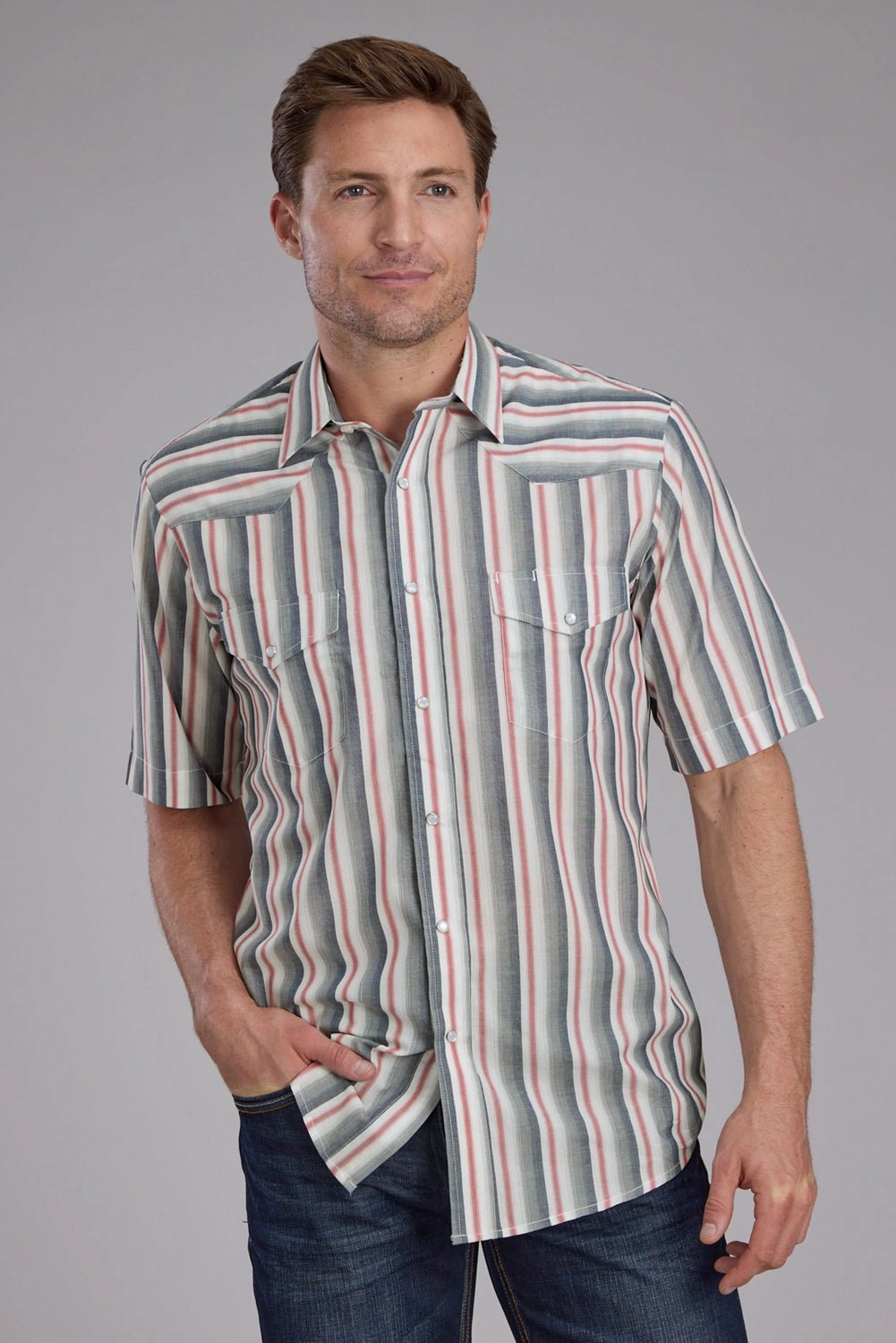 networking event Anti Pilling Finish Roper Mens 2403 Ombre Stripe Navy/White Cotton Blend S/S Shirt