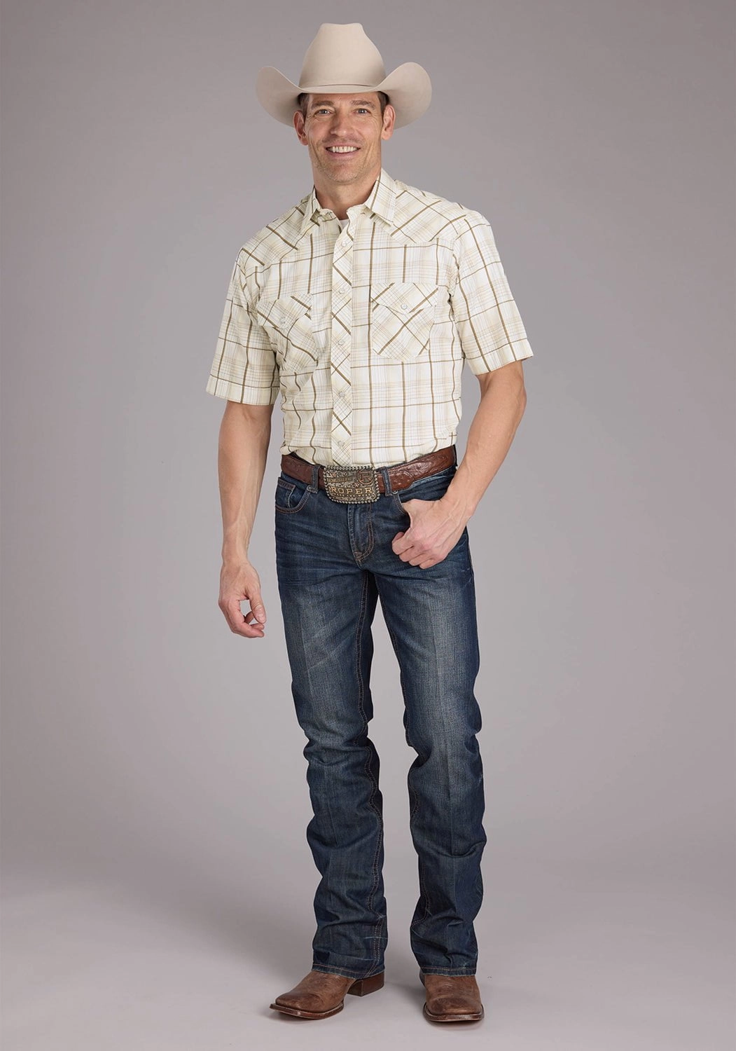 Roper Mens 2406 Neutral Plaid Tan Cotton Blend S/S Shirt Printed Pattern Relaxed Vibe