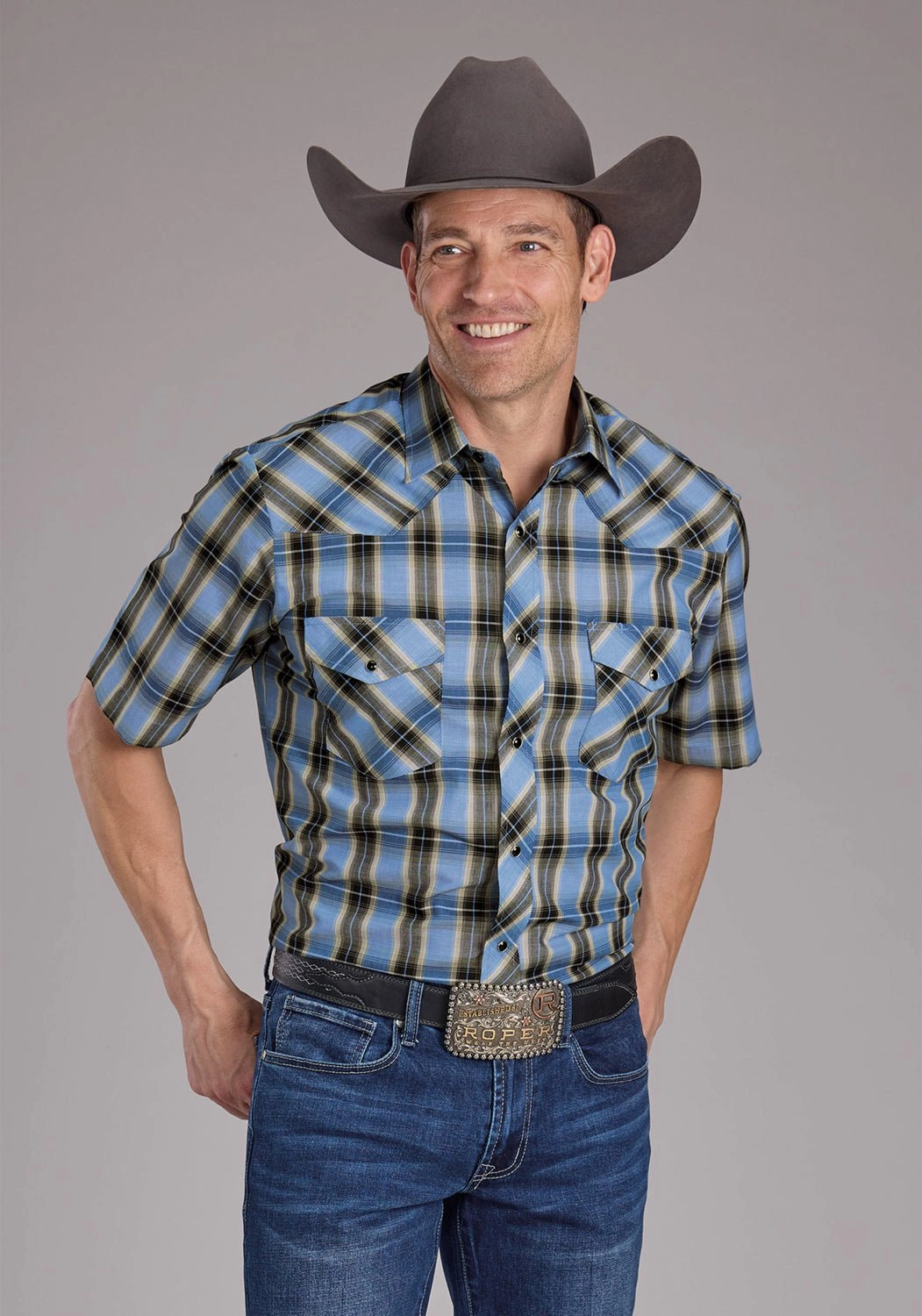 Slim Silhouette Roper Mens 2412 Plaid Blue/Brown Cotton Blend S/S Shirt