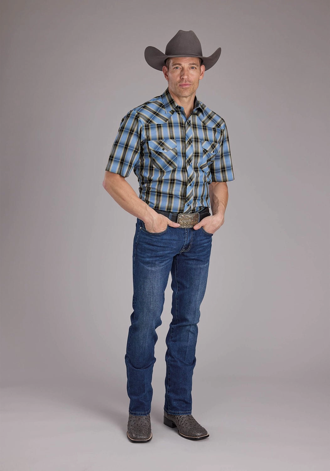 Roper Mens 2412 Plaid Blue/Brown Cotton Blend S/S Shirt Comfortable fit