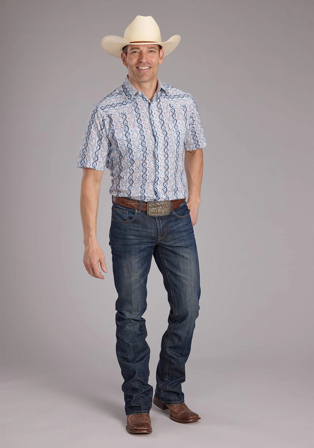 Simple Fit Checkered Style Roper Mens 2429 Paisley Trellis Blue Cotton Blend S/S Shirt
