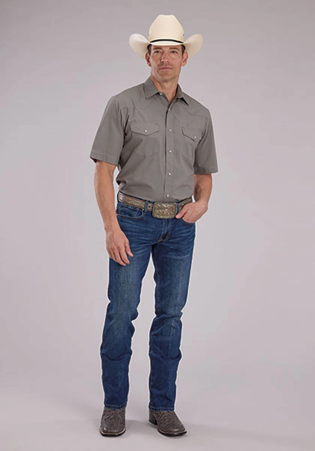 Essential Piece Roper Mens 2475 Solid Broadcloth Light Smokey Grey Cotton Blend S/S Shirt