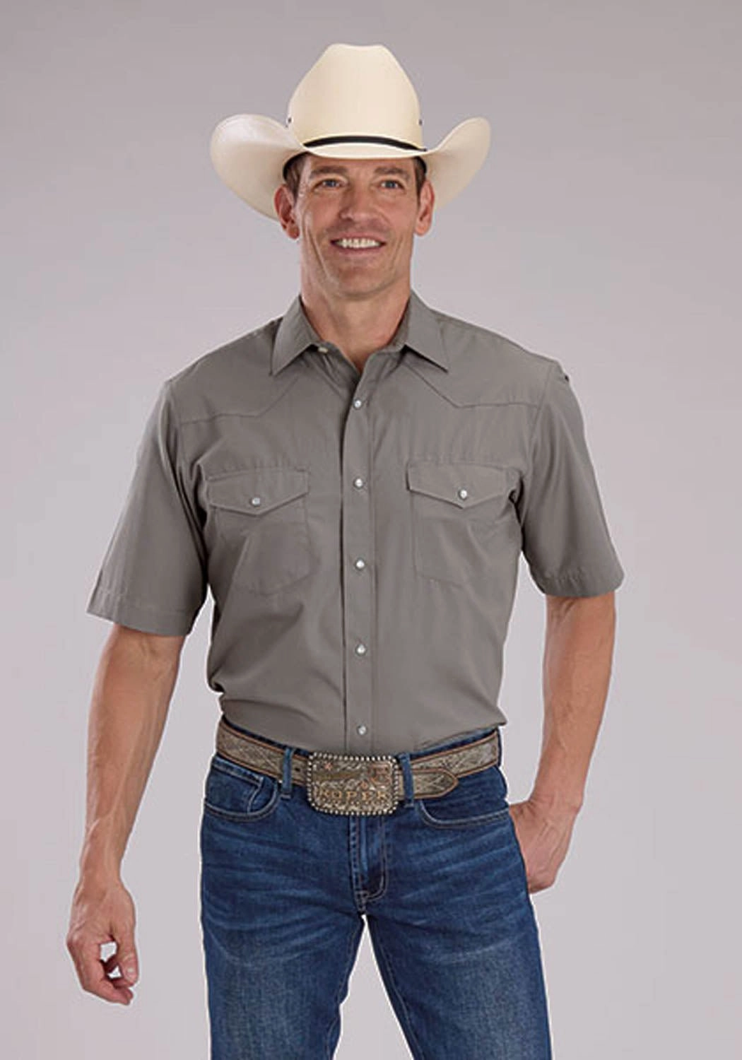 Anti-static Roper Mens 2475 Solid Broadcloth Light Smokey Grey Cotton Blend S/S Shirt