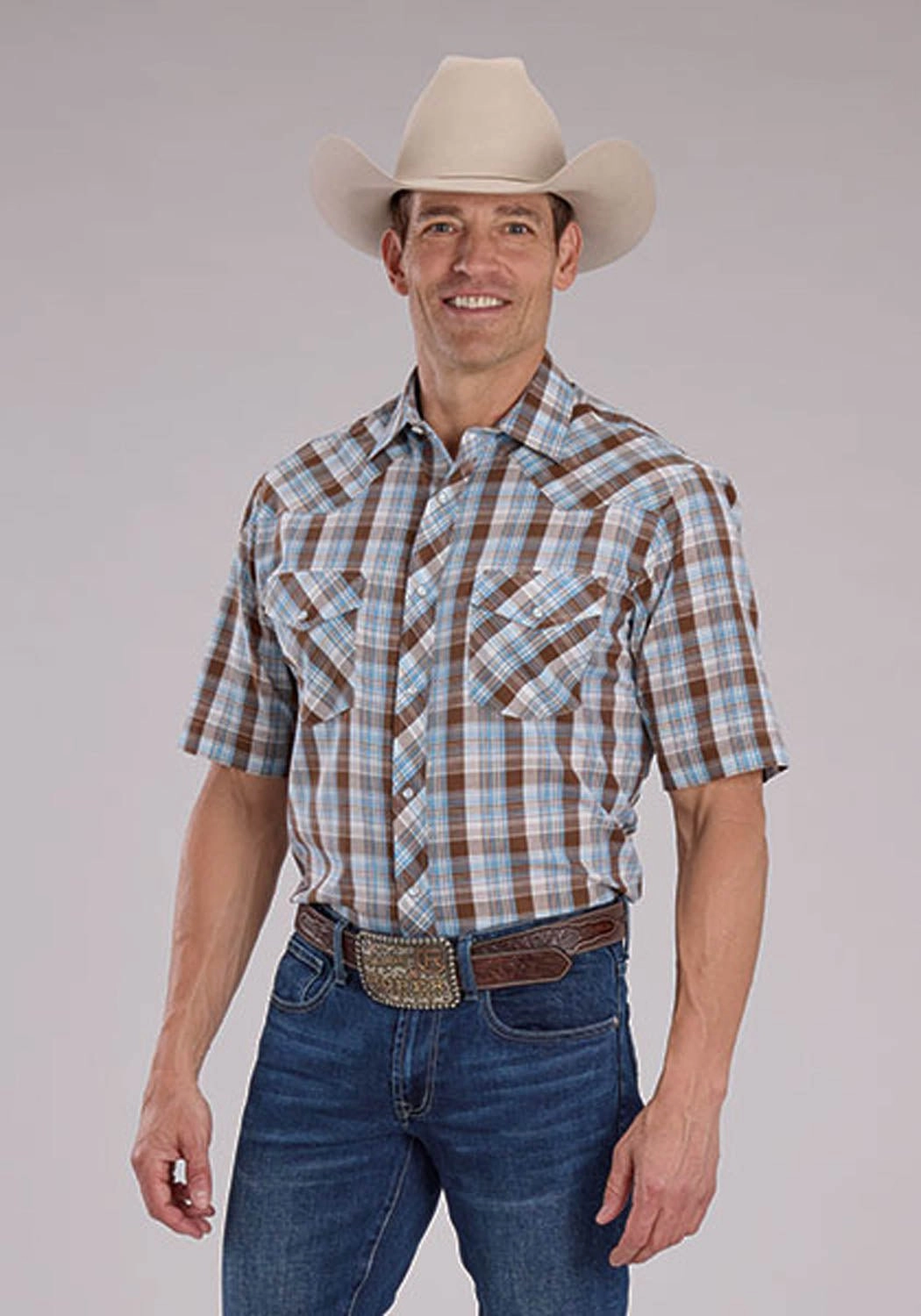 Roper Mens 2483 Western Plaid Cocoa/Sky Blue Cotton Blend S/S Shirt Street Style