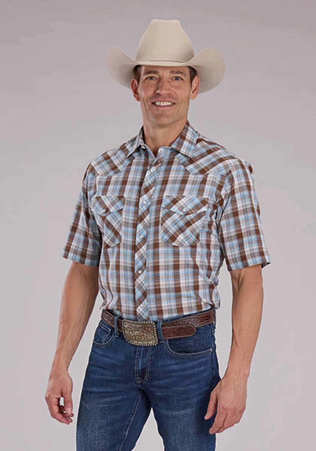 Roper Mens 2483 Western Plaid Cocoa/Sky Blue Cotton Blend S/S Shirt Durable Button Closures Seasonal Essential