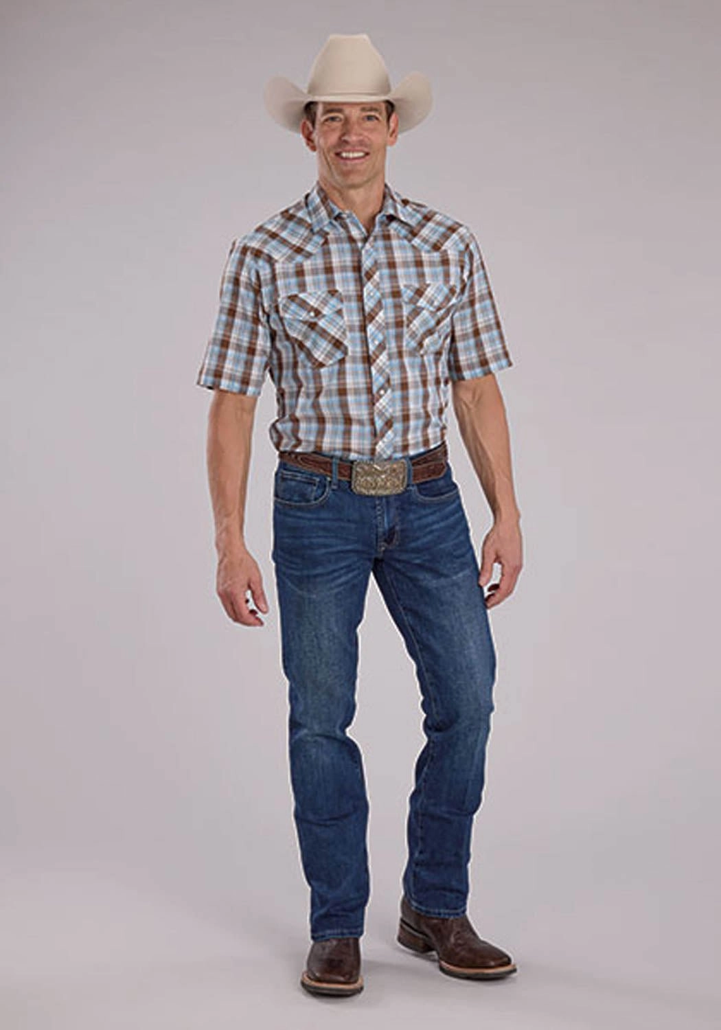 Smooth Texture Flexible Mobility Roper Mens 2483 Western Plaid Cocoa/Sky Blue Cotton Blend S/S Shirt