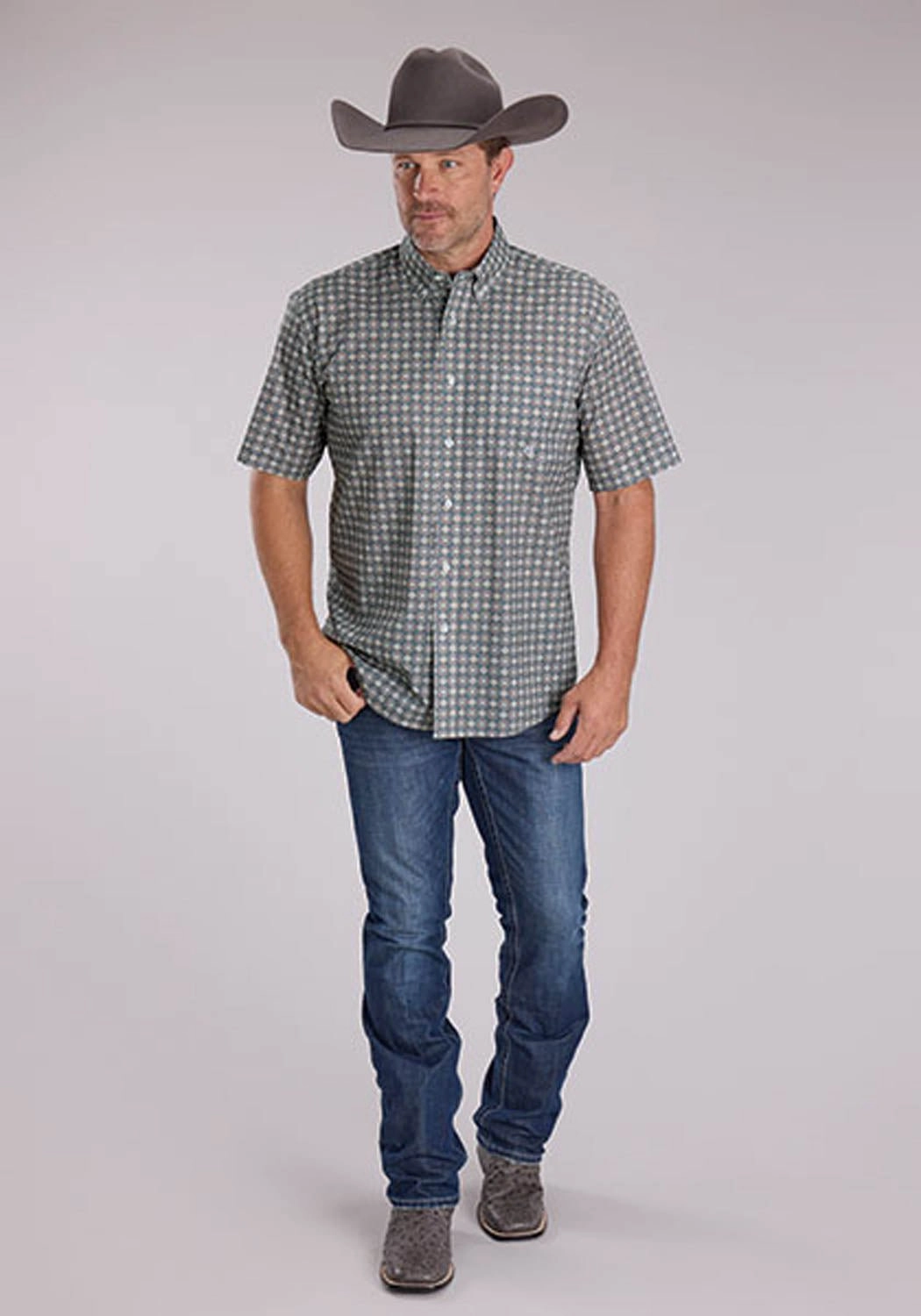 Roper Mens 2501 Medallion Foulard Grey 100% Cotton 1 Pkt S/S Shirt Quick Dry Construction Retro Vibe