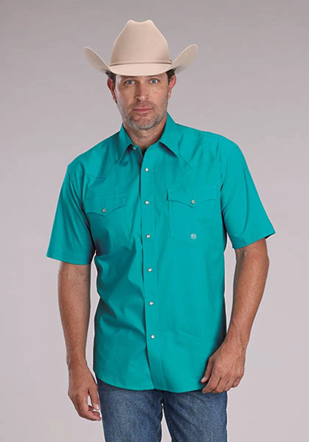 Roper Mens 2509 Solid Stretch Poplin Turquoise Cotton Blend S/S Shirt color block Spring Break