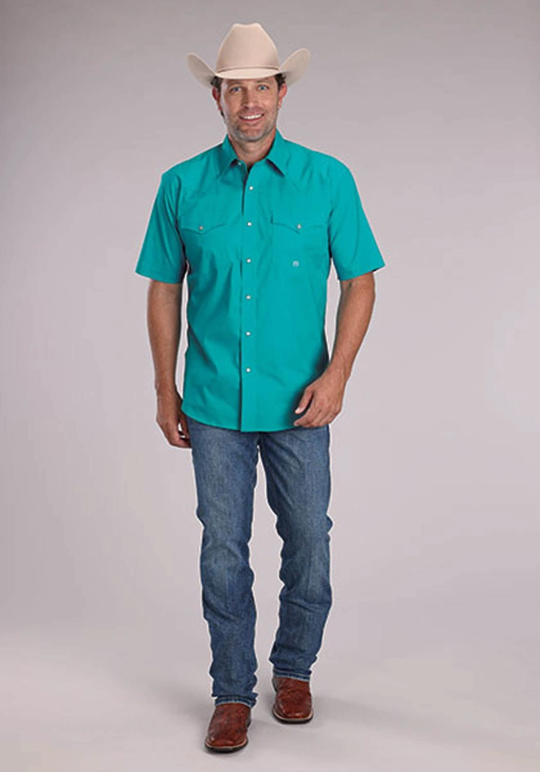 Roper Mens 2509 Solid Stretch Poplin Turquoise Cotton Blend S/S Shirt Premium Quality