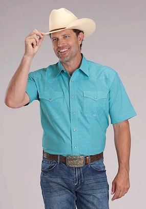 Roper Mens 2510 Stretch Mini Check Turquoise Cotton Blend S/S Shirt Sweat-Absorbing Retro Vibe