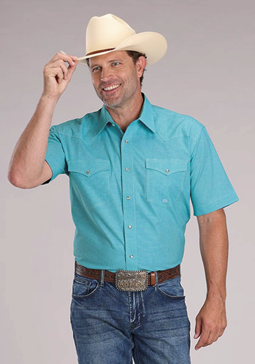 Fashion Forward Design Roper Mens 2510 Stretch Mini Check Turquoise Cotton Blend S/S Shirt