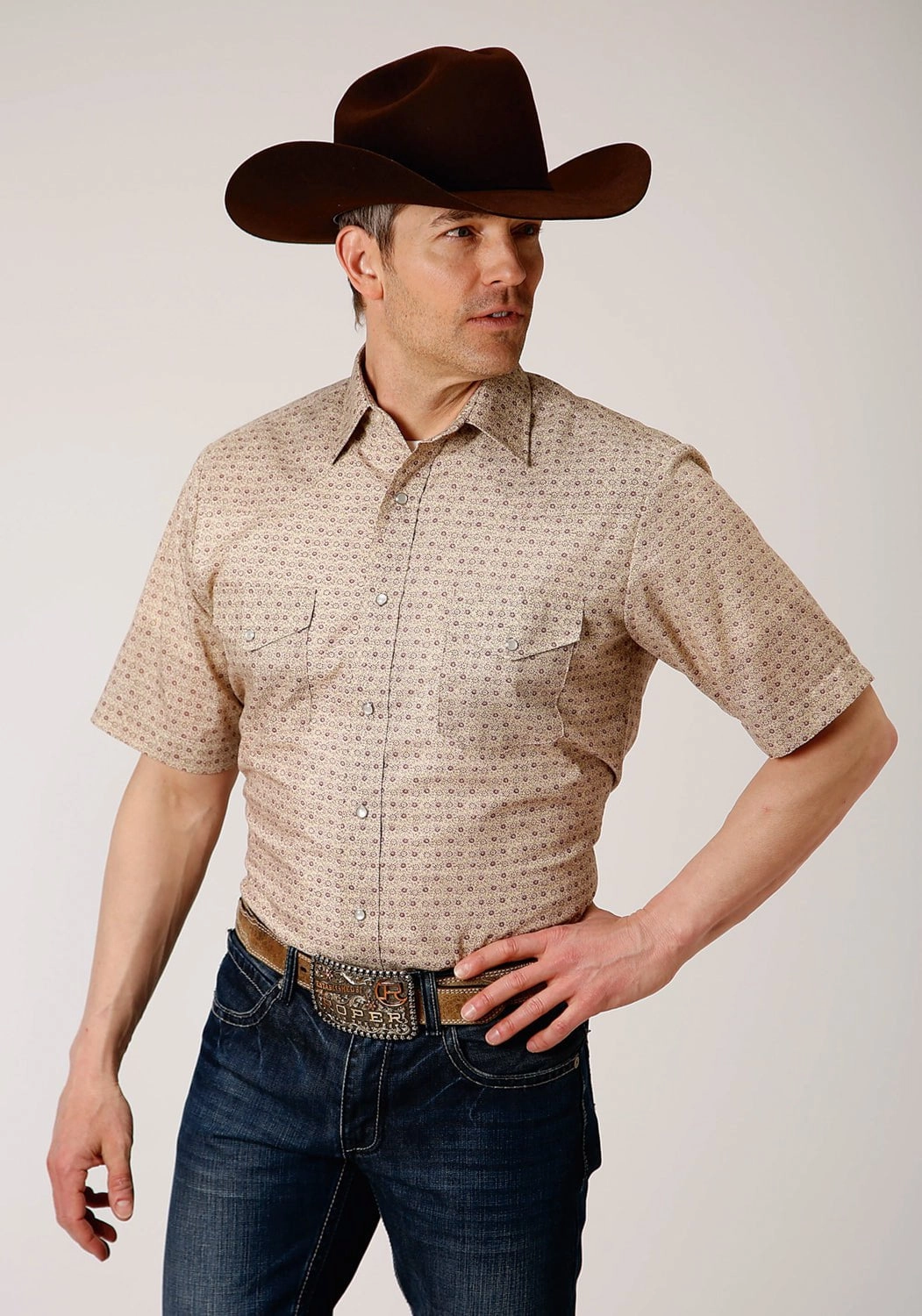 Roper Mens Beige/Rust Cotton Blend Vintage Floral S/S Shirt Layered Design Sleek Fit