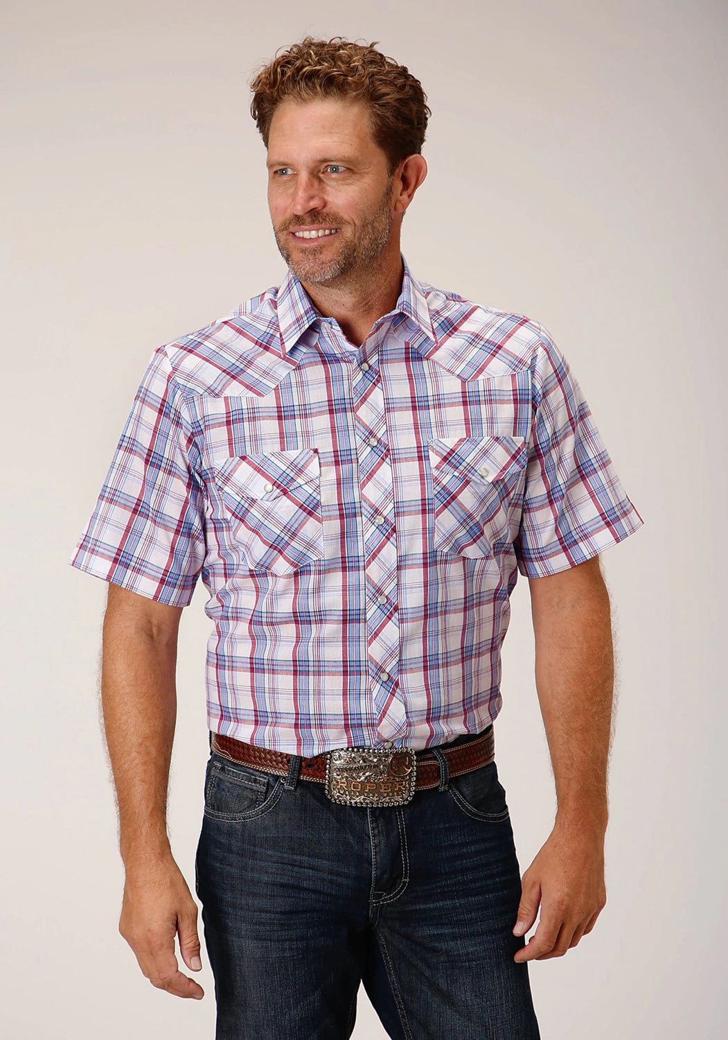 Pocket Detail Travel-friendly Roper Mens Berry Plaid White Cotton Blend S/S Shirt