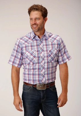 Roper Mens Berry Plaid White Cotton Blend S/S Shirt Abstract art Snag Resistant Fabric