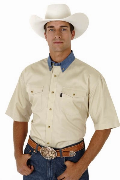 Roper Mens Button Down Western Khaki/Blue 100% Cotton S/S Shirt Perfect Layer