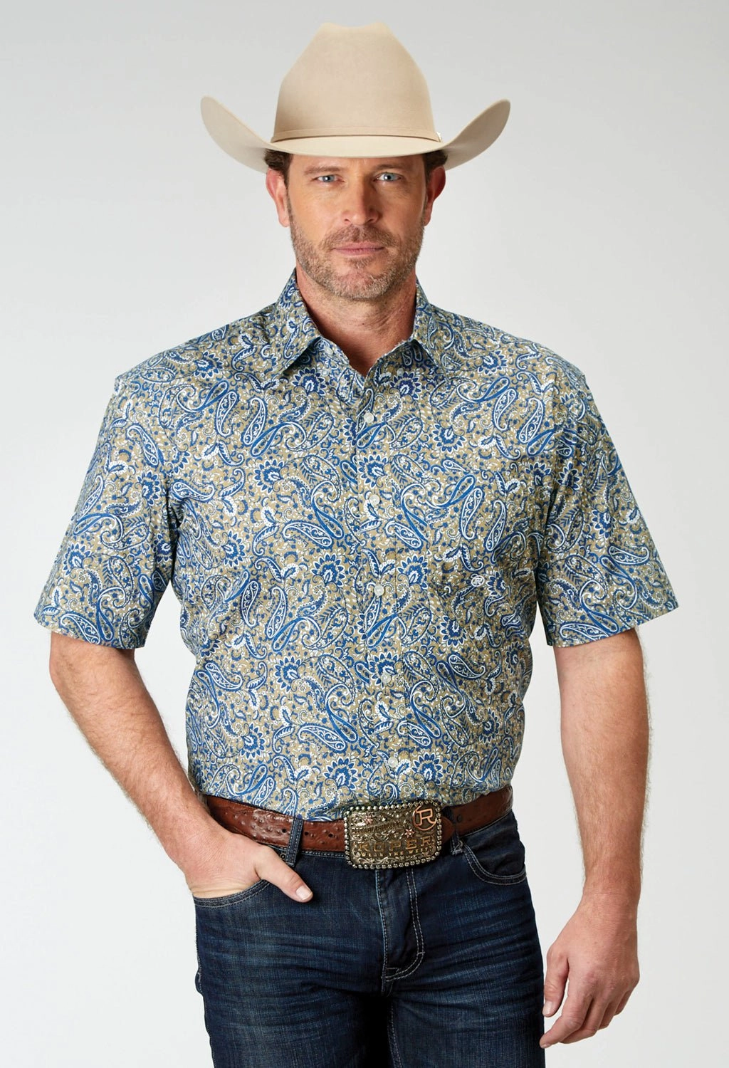 Eco Friendly Production Trendy designs Roper Mens Delft Paisley Blue 100% Cotton S/S Shirt