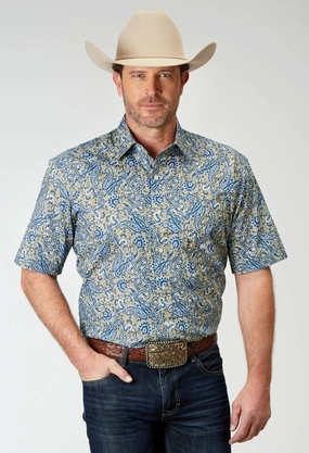 Eco Friendly Production Trendy designs Roper Mens Delft Paisley Blue 100% Cotton S/S Shirt