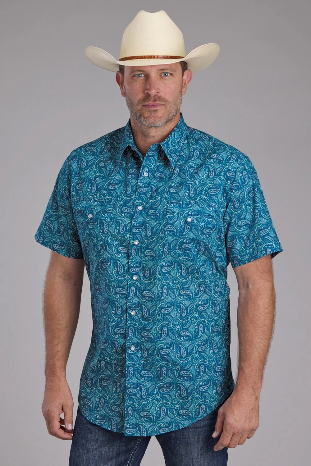 Roper Mens Denim Paisley Print Blue 100% Cotton S/S Shirt Matte Finish Dynamic Design