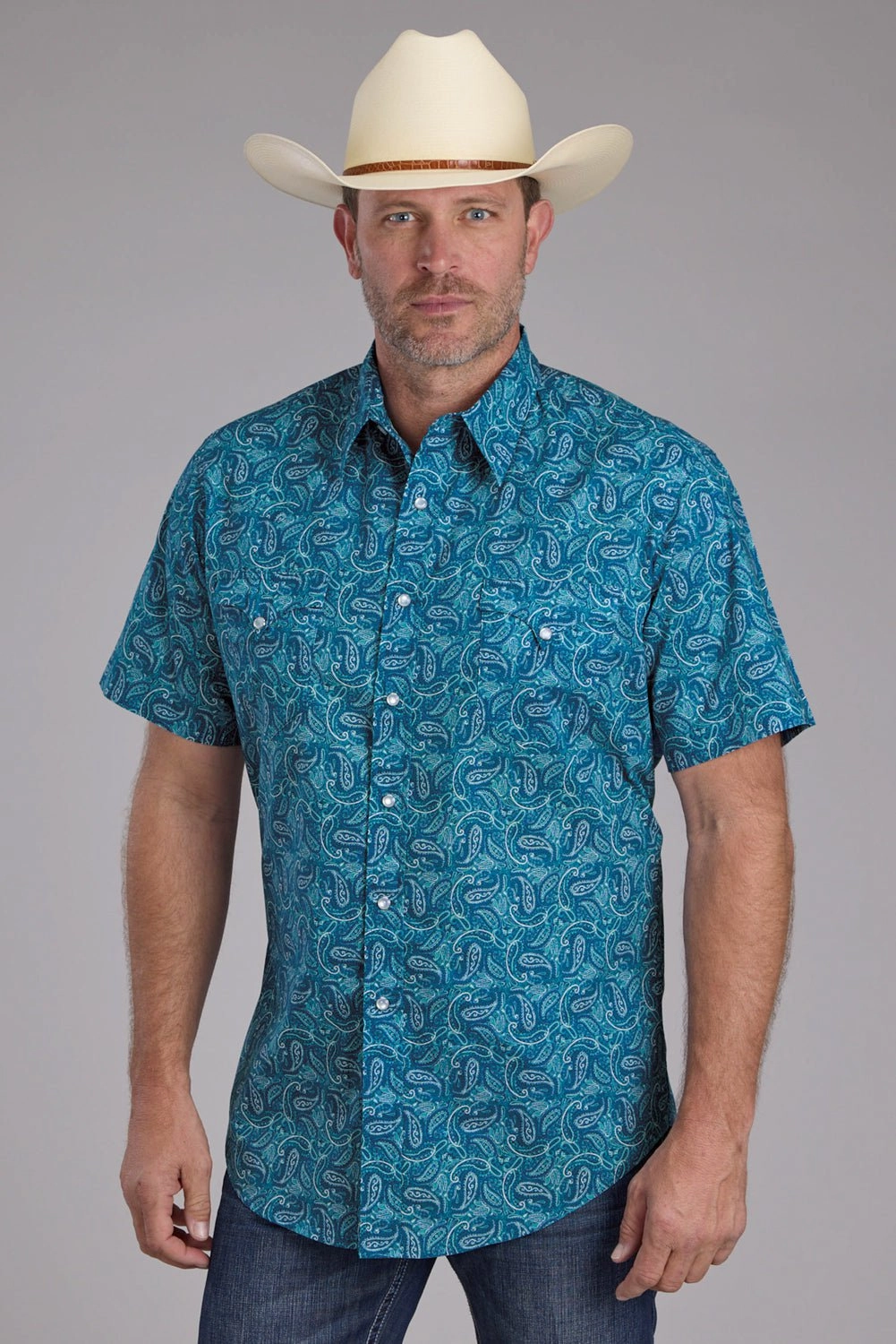 Roper Mens Denim Paisley Print Blue 100% Cotton S/S Shirt Shimmer Effect