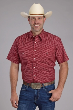 Roper Mens Geo Print Red 100% Cotton S/S Shirt Seamless construction No Chafe Edging