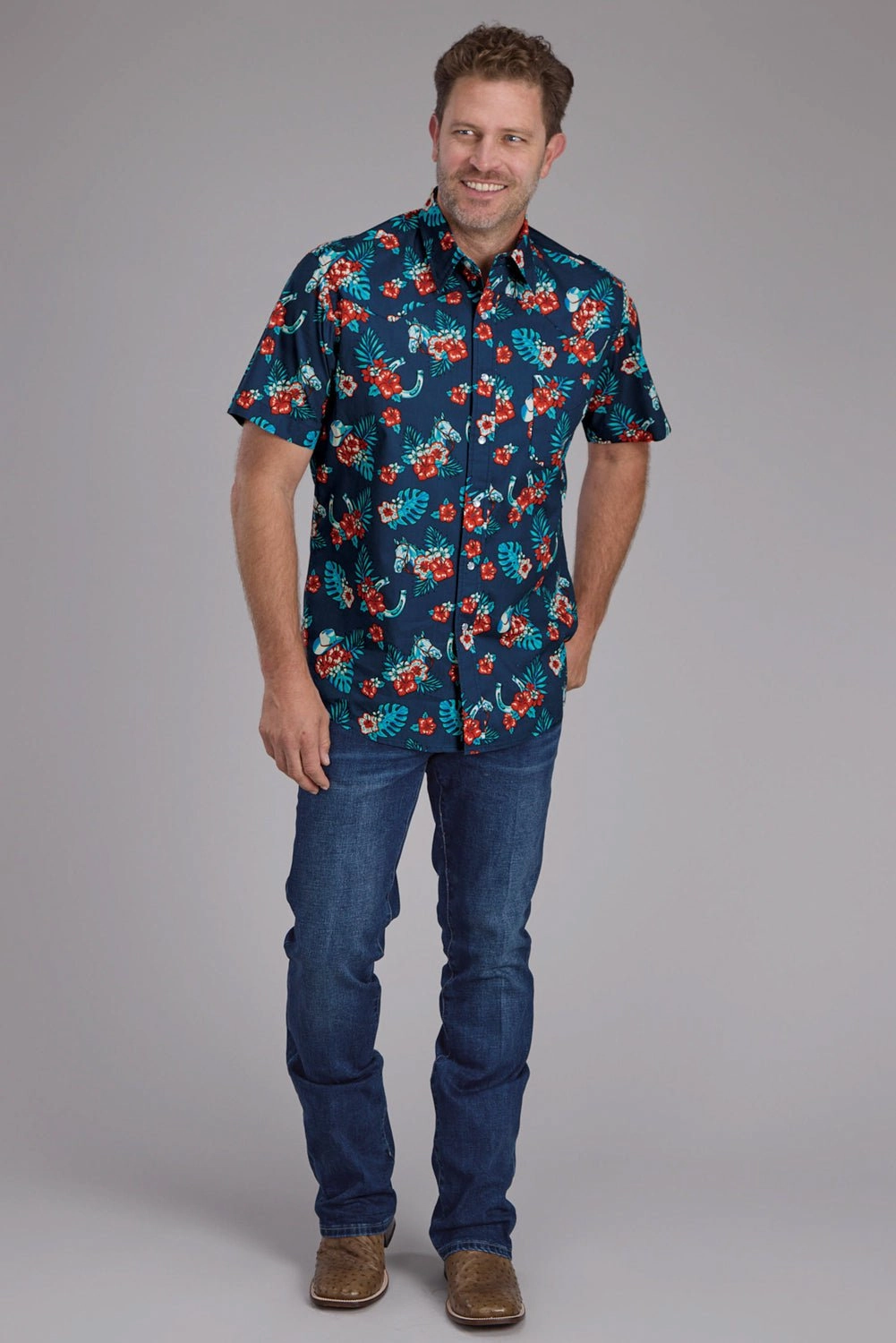 Layered Design Roper Mens Hawaiian Print Blue 100% Cotton S/S Shirt