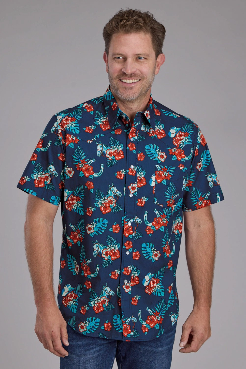 Roper Mens Hawaiian Print Blue 100% Cotton S/S Shirt Soft Touch