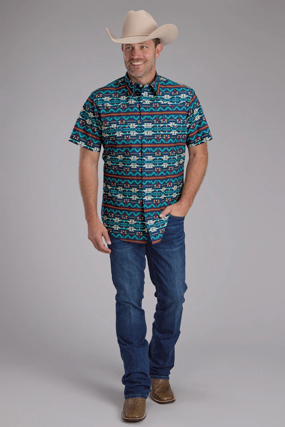 Unique Design Roper Mens Horizontal Navajo Aztec Blue/Red 100% Cotton S/S Shirt