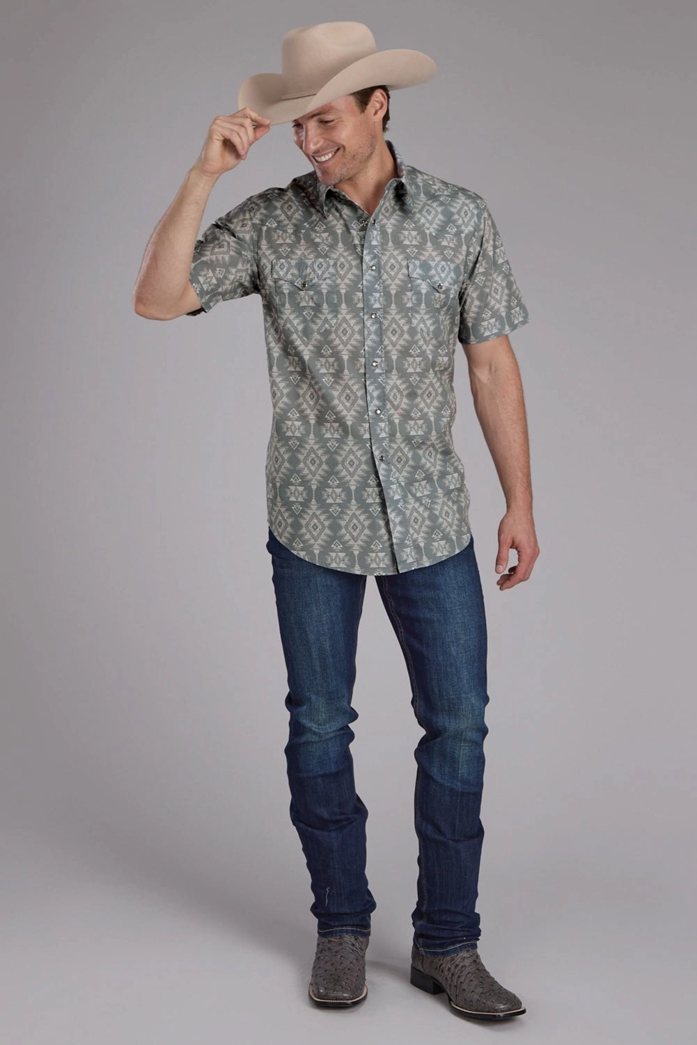 Trendy Fit Denim Blend Roper Mens Horizontal Scribble Aztec Grey 100% Cotton S/S Shirt