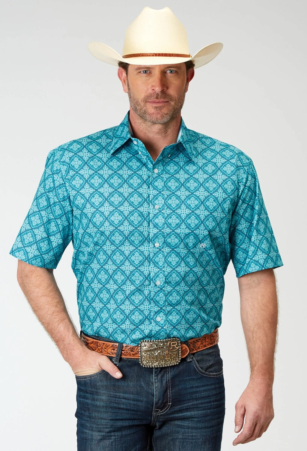 Roper Mens Lake Medallion Blue 100% Cotton S/S Shirt Microfiber Material