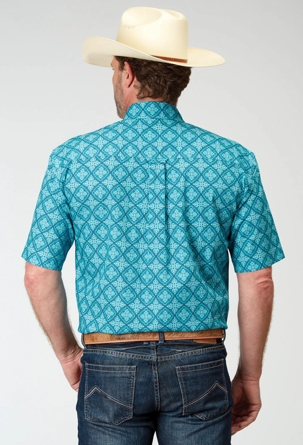 Roper Mens Lake Medallion Blue 100% Cotton S/S Shirt Winter Retreat