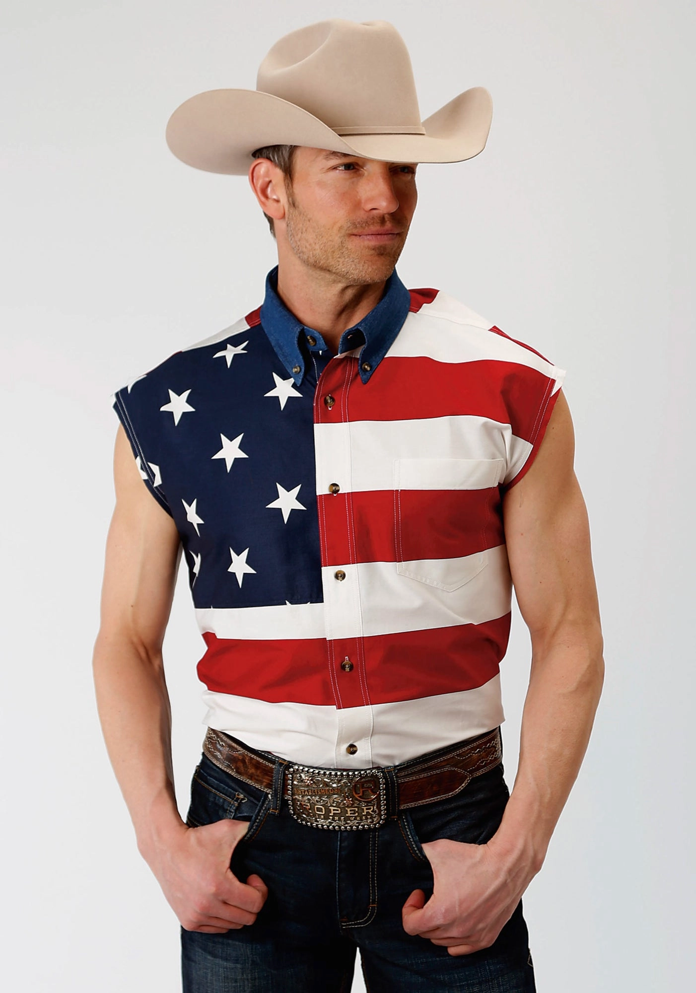 Timeless Classic Anti Cling Fabric Roper Mens Multi-Color 100% Cotton American Flag BD S/L Patriotic Shirt