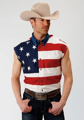 Roper Mens Multi-Color 100% Cotton American Flag BD S/L Patriotic Shirt Edgy Design