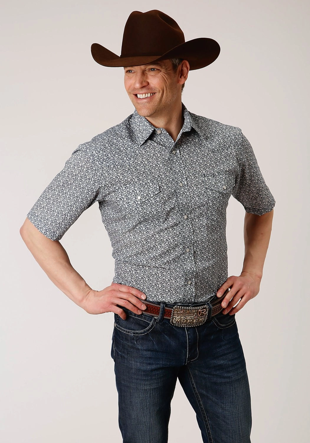 Roper Mens Navy/Cream Cotton Blend Floral S/S Shirt Job Interview