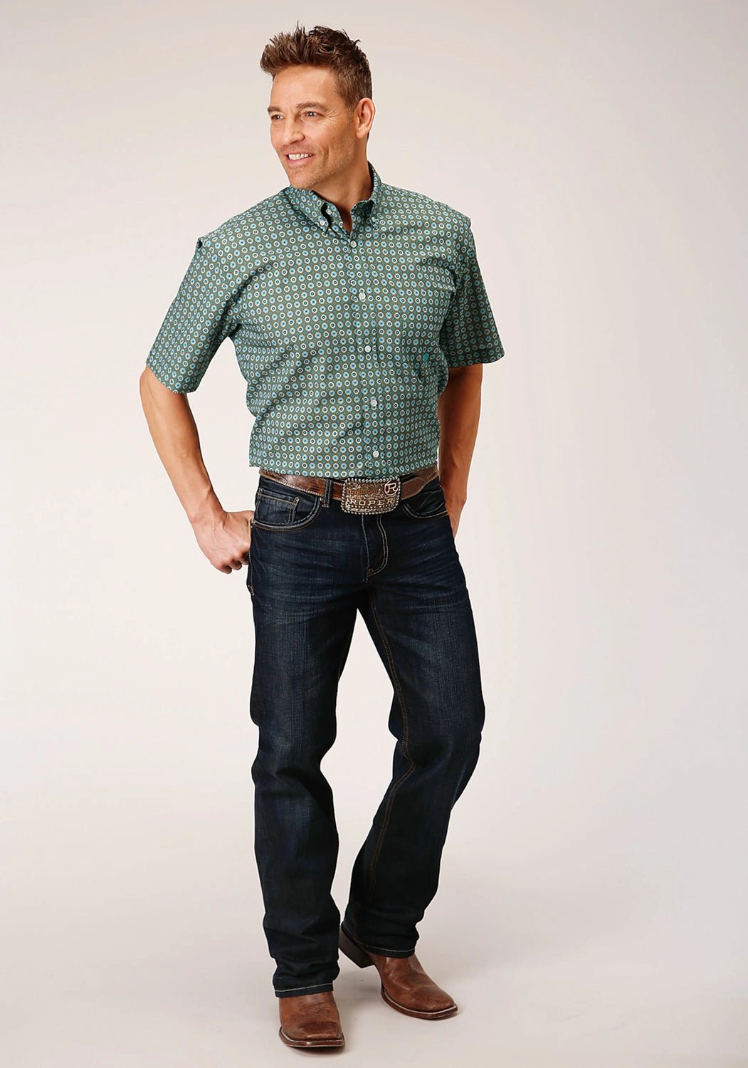 Roper Mens Olive Foulard Green 100% Cotton S/S Shirt Travel Essential