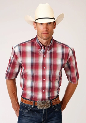 Roper Mens Red 100% Cotton Apple Plaid BD S/S 1 Pkt Shirt Sustainable Dye Process Active Wear
