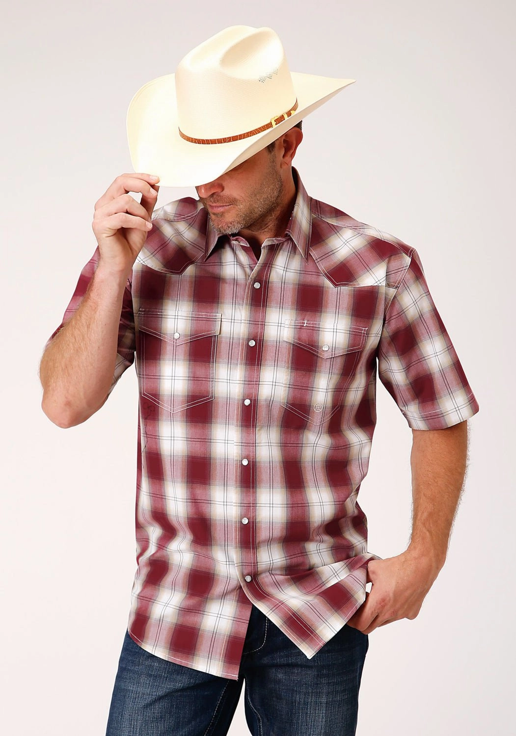 Premium Finish Roper Mens Red 100% Cotton Ombre S/S Tall Snap Shirt