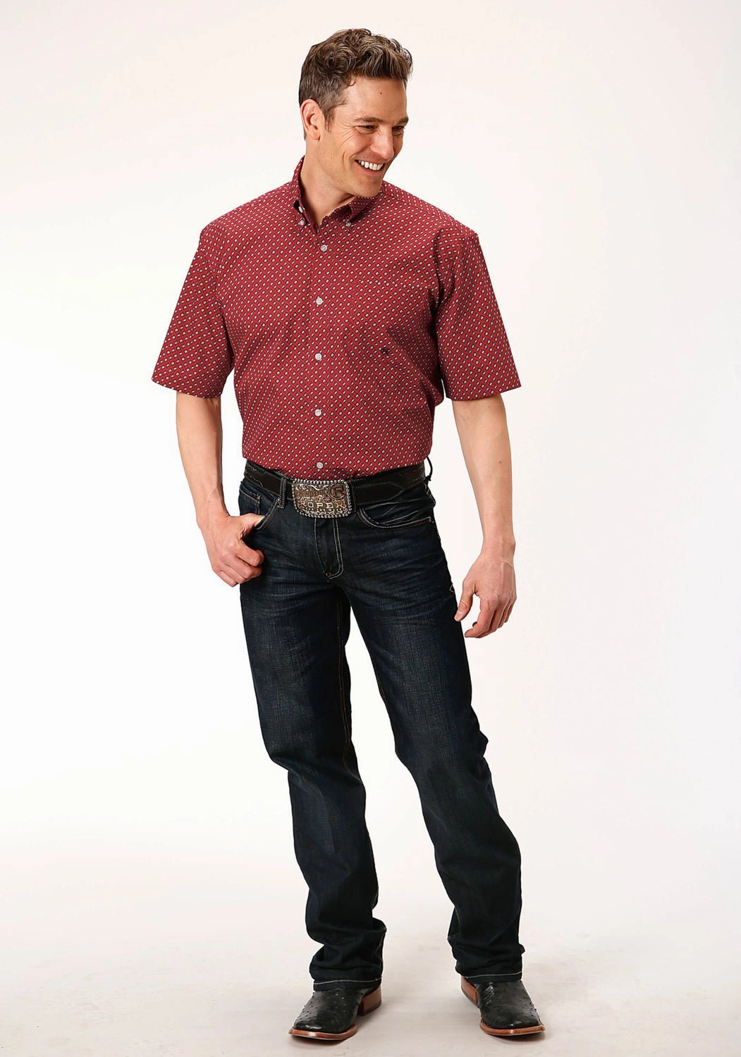 Roper Mens Red 100% Cotton Victorian Foulard BD S/S 1 Pocket Shirt Youthful Vibe Double Stitched Seams